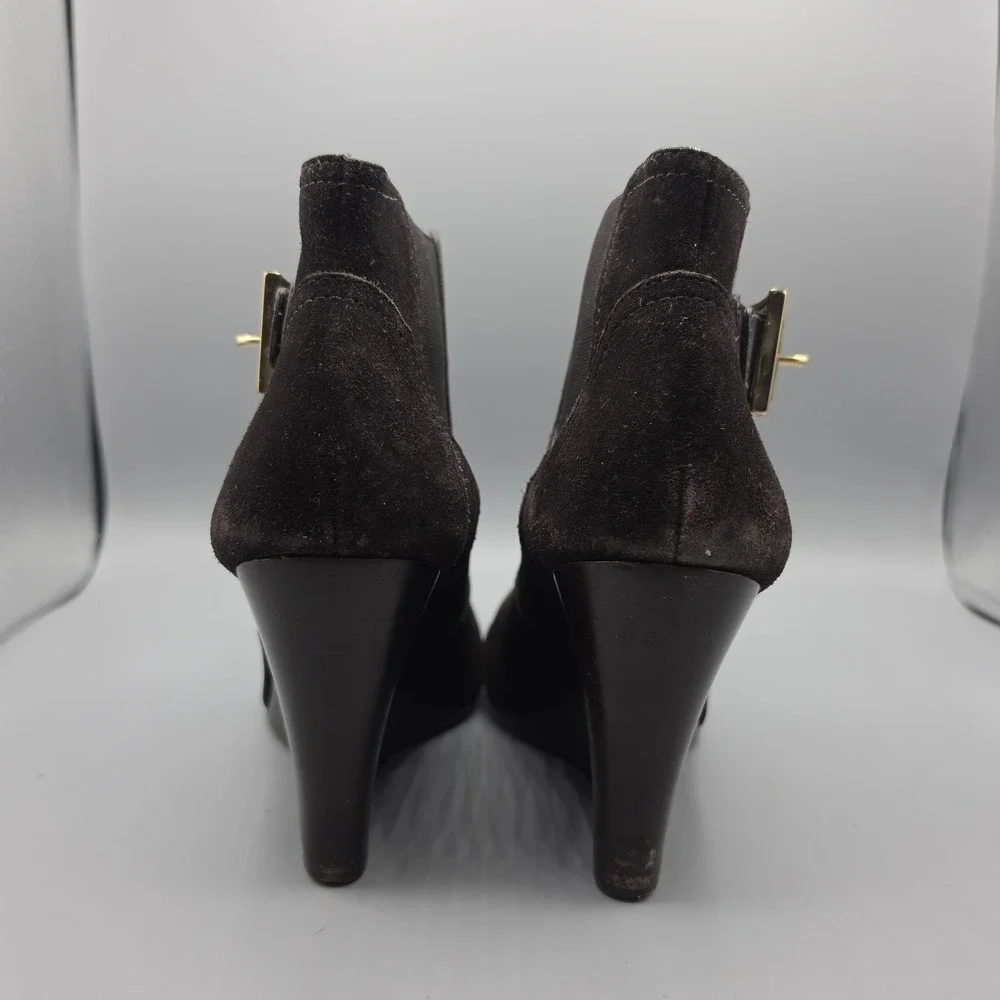 Tory Burch Deanna Booties‎ Womens 10.5 Brown Suede Distressed Wedge Buckles